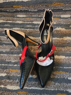 New York & Company Black Pointed Heels with Red and Nude Straps